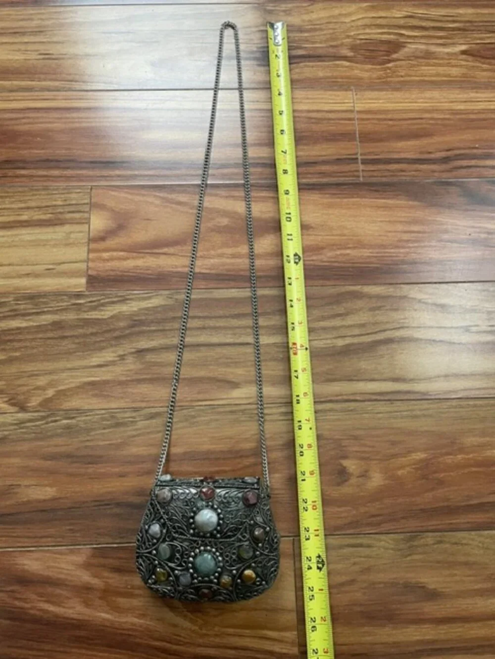 The Vintage Sajai Filigree Metal Purse with Agate Stones is a handcrafted piece